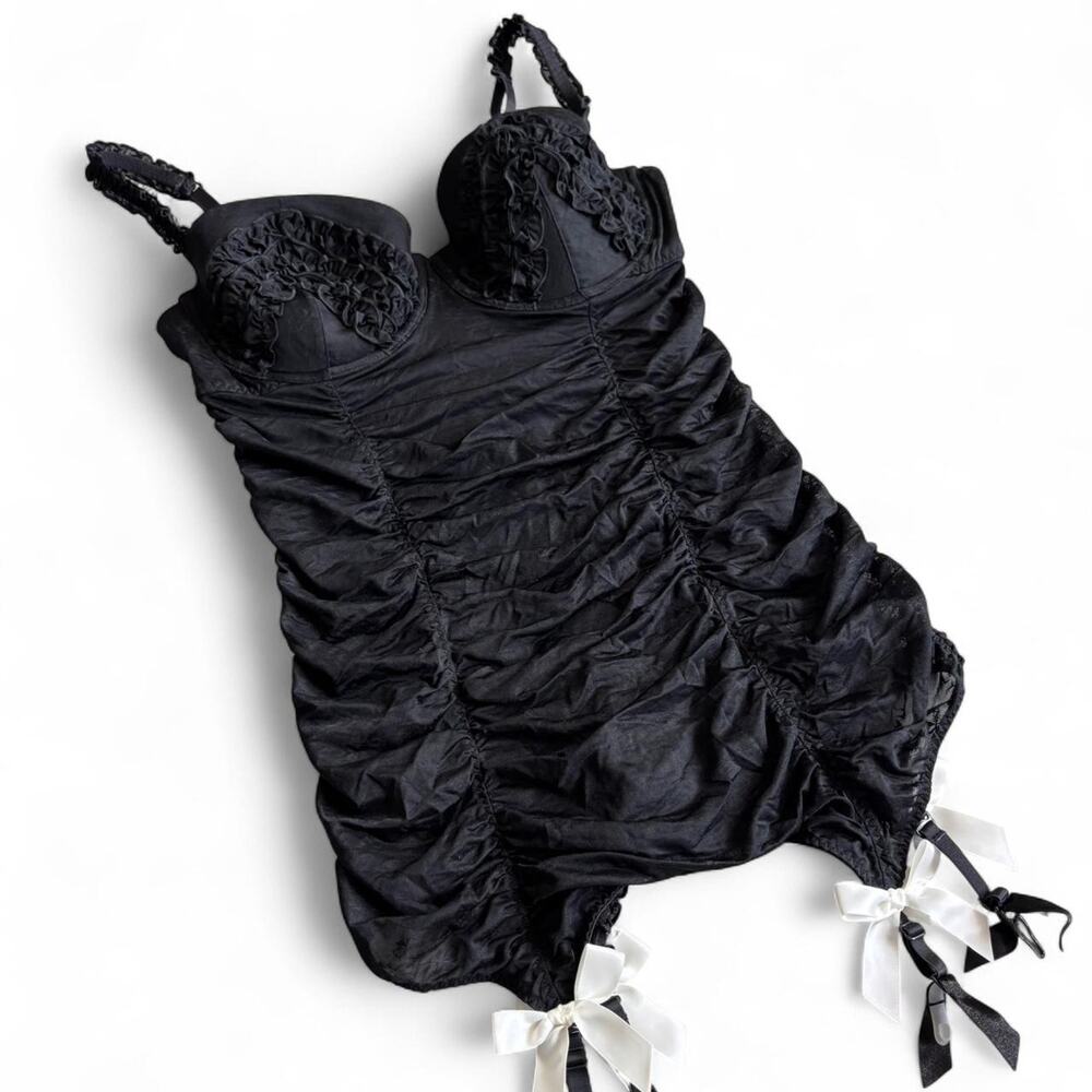 Y2K Bodycon Black Lingerie Bustier – coquette ruched garter 36D